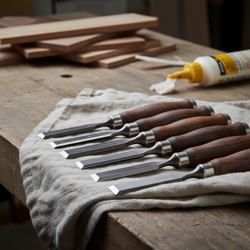 A set of wood chisels along with a piece of stock visible in a workshop.